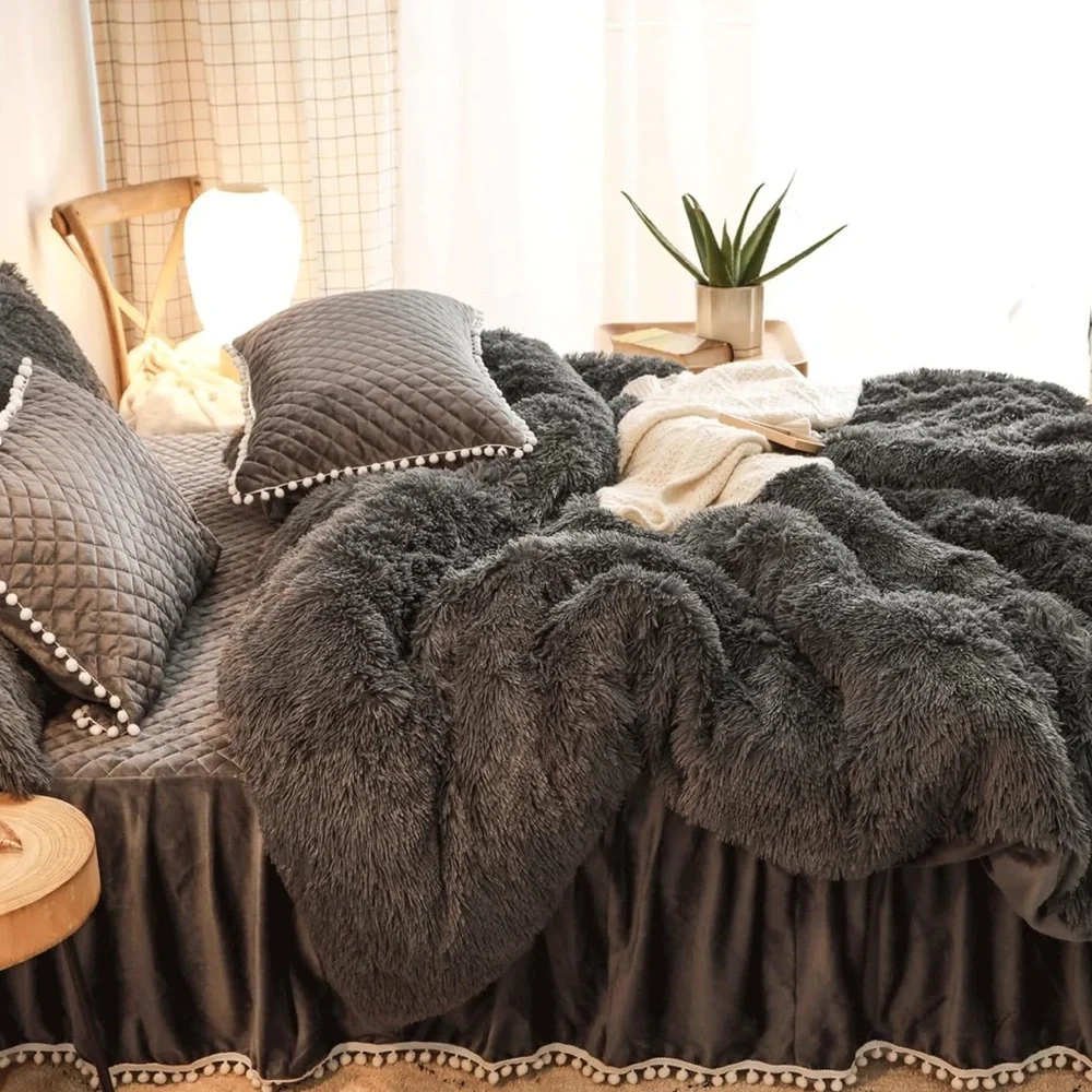 🎀DARK Gray Velvet Faux Fur Duvet Cover Zipper New🎀